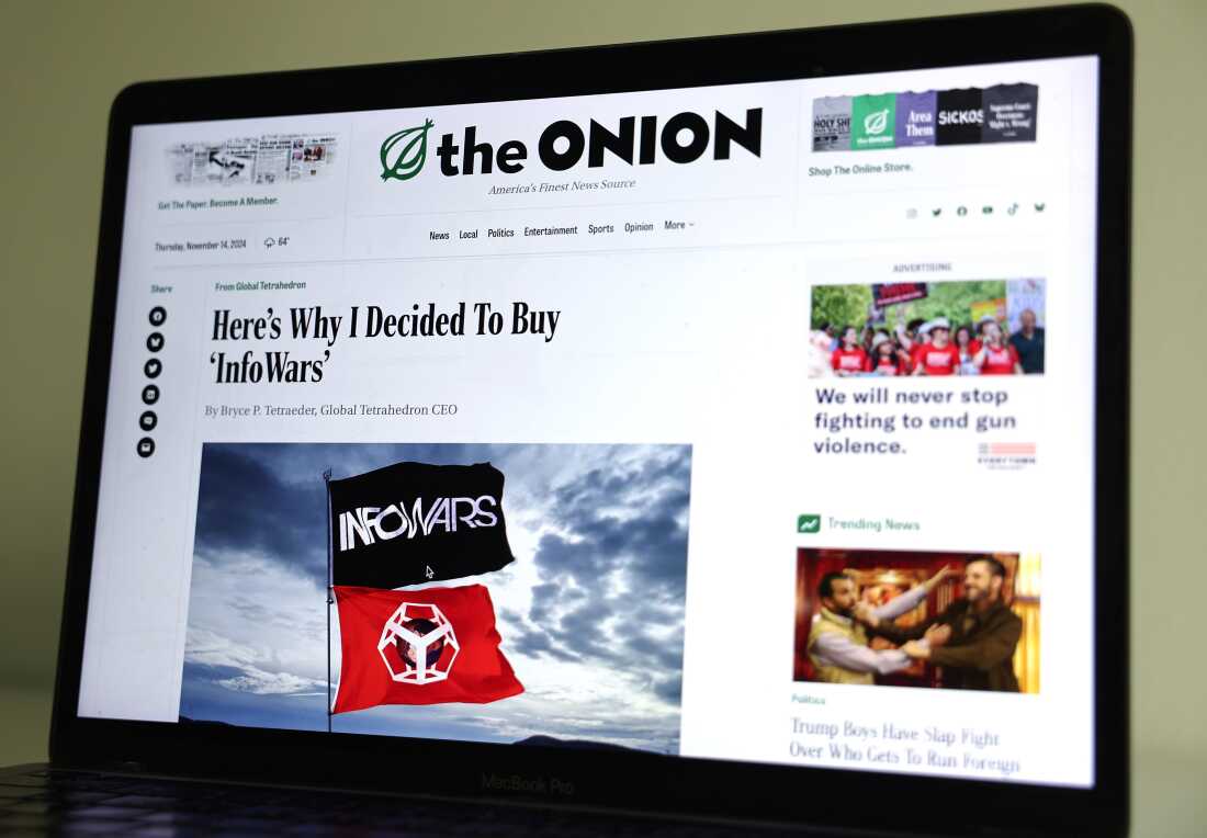 In this photo illustration, The Onion website is displayed on a computer screen, showing a satirical story titled Here&rsquo;s Why I Decided To Buy &lsquo;InfoWars&rsquo;, on November 14, 2024 in Pasadena, California.