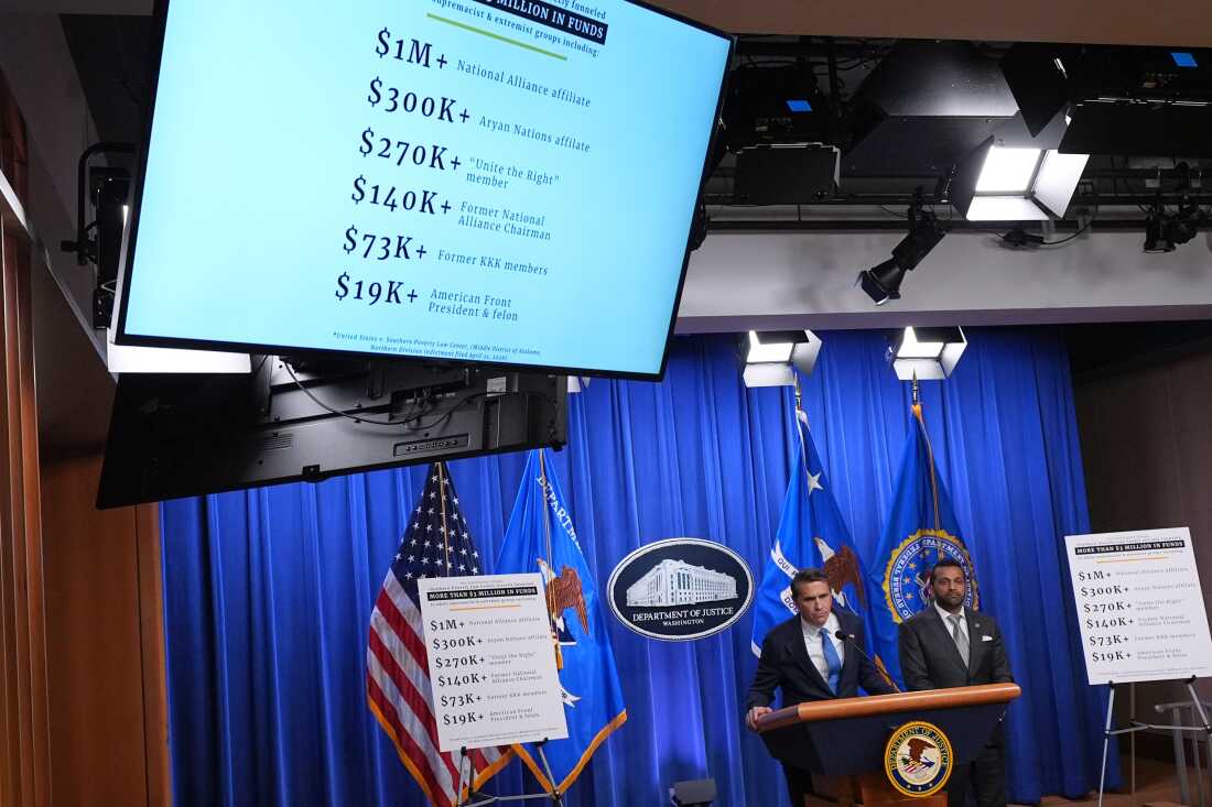 Acting Attorney General Todd Blanche speaks as FBI Director Kash Patel listens during a news conference at the Justice Department on Tuesday in Washington.
