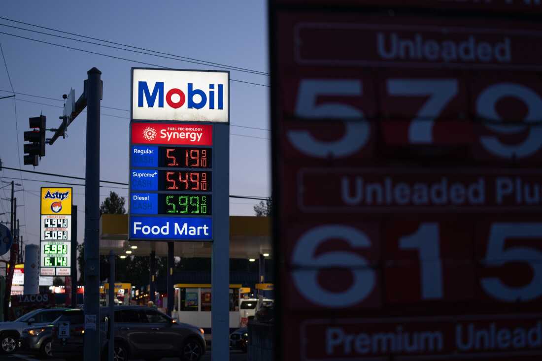 Gasoline prices are displayed at a Mobil gas station on April 29 in Portland, Ore.