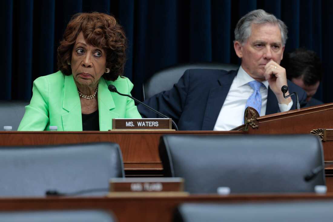 House Financial Services Committee ranking member Rep. Maxine Waters, D-CA., and Chair French Hill, R-AR., listen to a hearing on Capitol Hill on June 24, 2025.