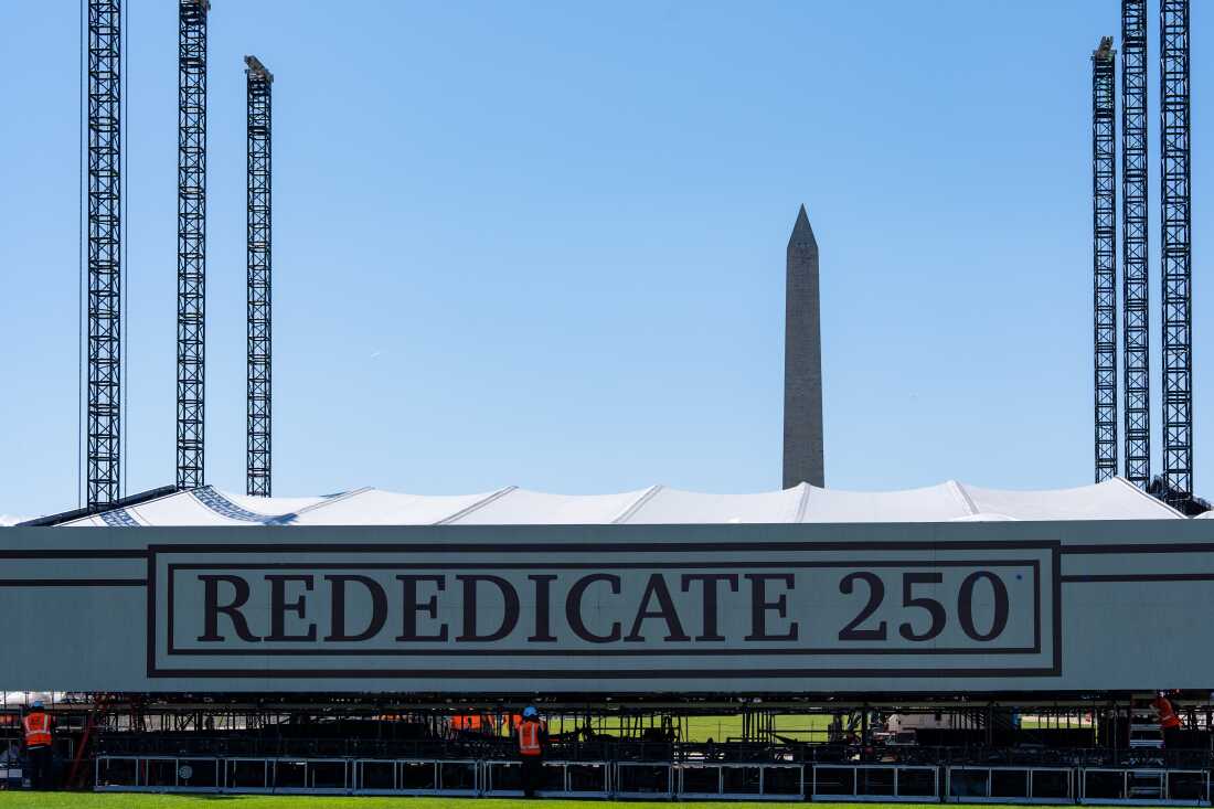 Work continues on the stage for the Rededicate 250 celebration on the National Mall, in Washington.