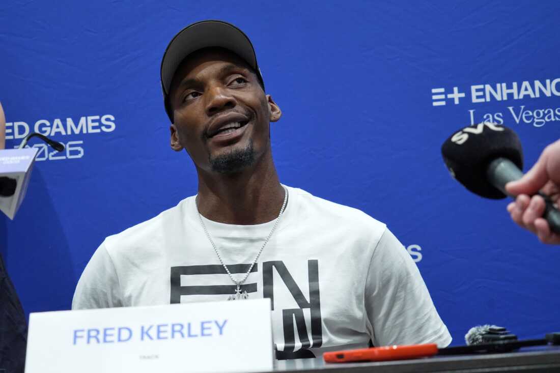 Two-time Olympic-medalist Fred Kerley attends a press conference ahead of the Enhanced Games in Las Vegas, Friday, May 22, 2026. Unlike most of the athletes participating in the Sunday night event, the sprinter says he'll compete without taking performance-enhancing drugs.
