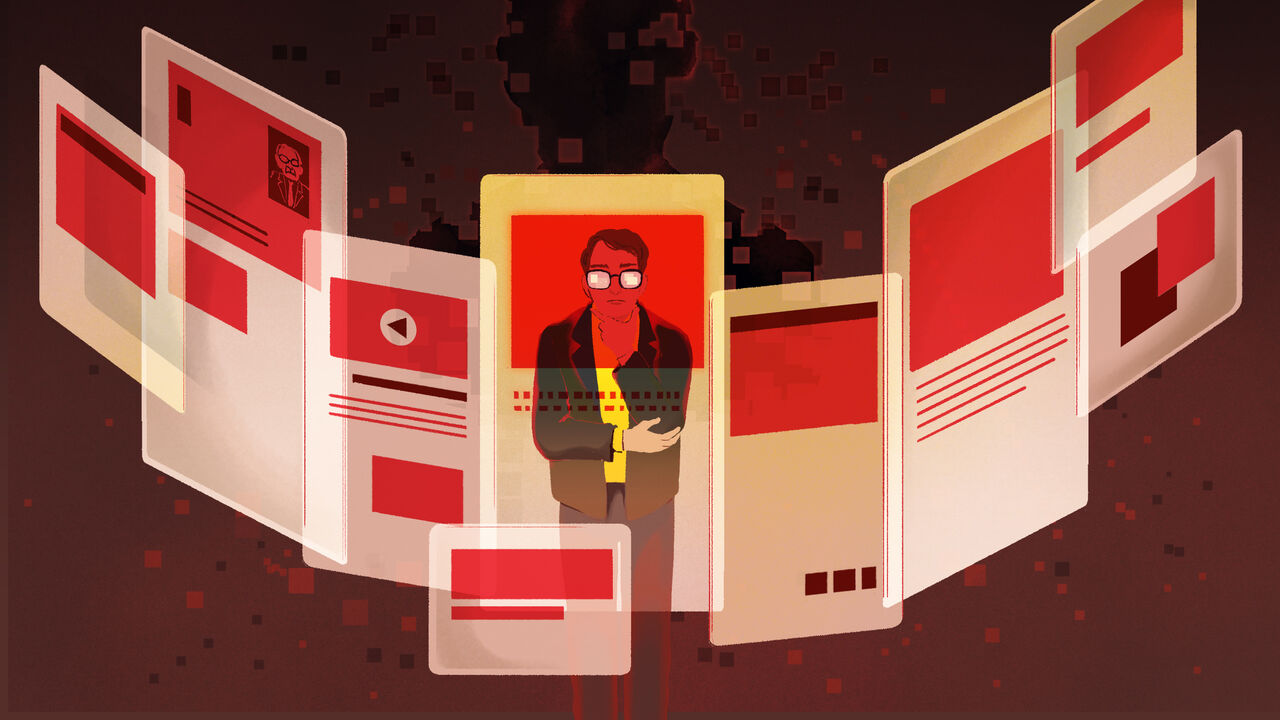 Illustration of a person surrounded by floating digital content panels, with a shadowy figure in the background