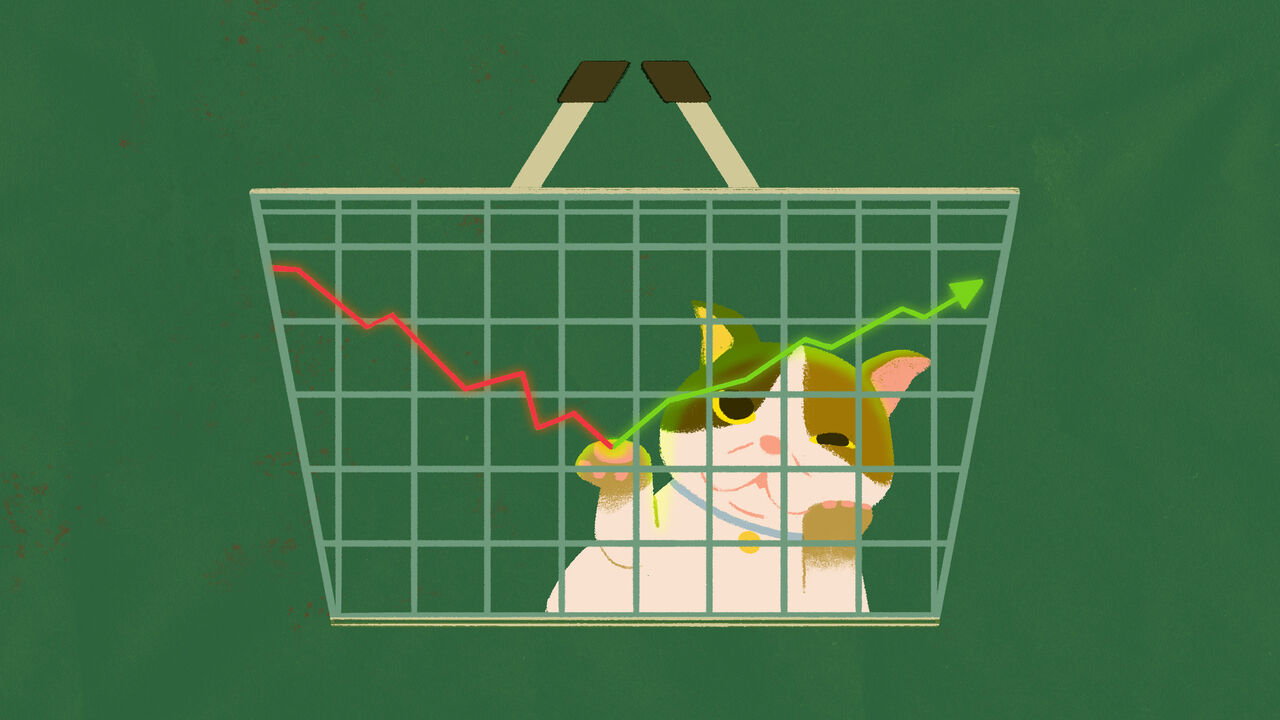 llustration of a lucky cat (maneki-neko) sitting inside a shopping basket, holding a line graph