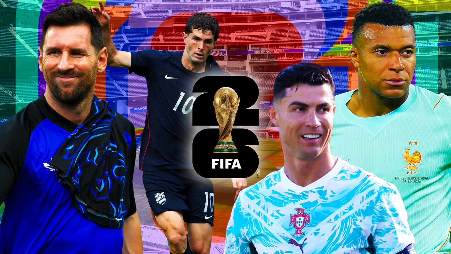 Lionel Messi, Christian Pulisic, Cristiano Ronaldo and Kylian Mbappe