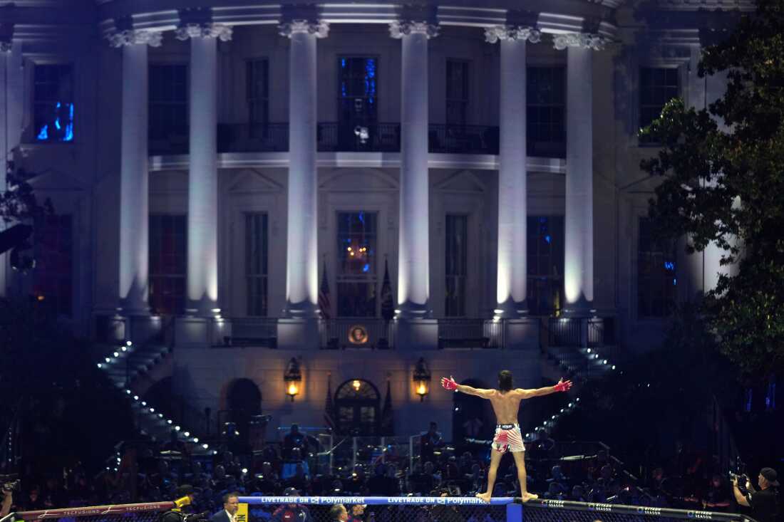 Diego Lopes celebrates during a featherweight bout against Steve Garcia during UFC Freedom 250 on the South Lawn of the White House, Sunday, June 14, 2026, in Washington.