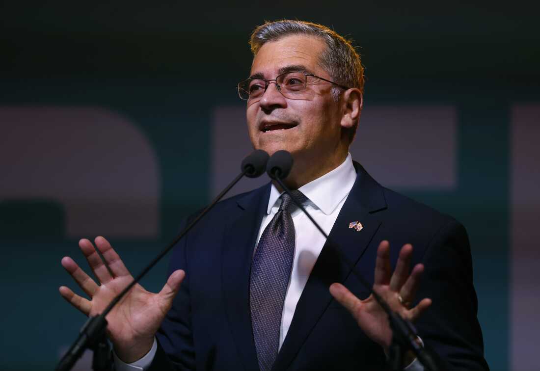 Democratic candidate for governor in California, Xavier Becerra, speaks to supporters during his election night gathering at La Plaza de Cultura y Artes on June 02, 2026 in Los Angeles, California.