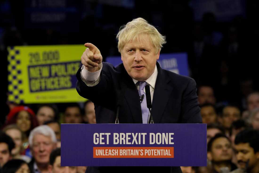 Britain's Prime Minister Boris Johnson speaks during his ruling Conservative Party's final election campaign rally at the Copper Box Arena in London, Wednesday, Dec. 11, 2019.
