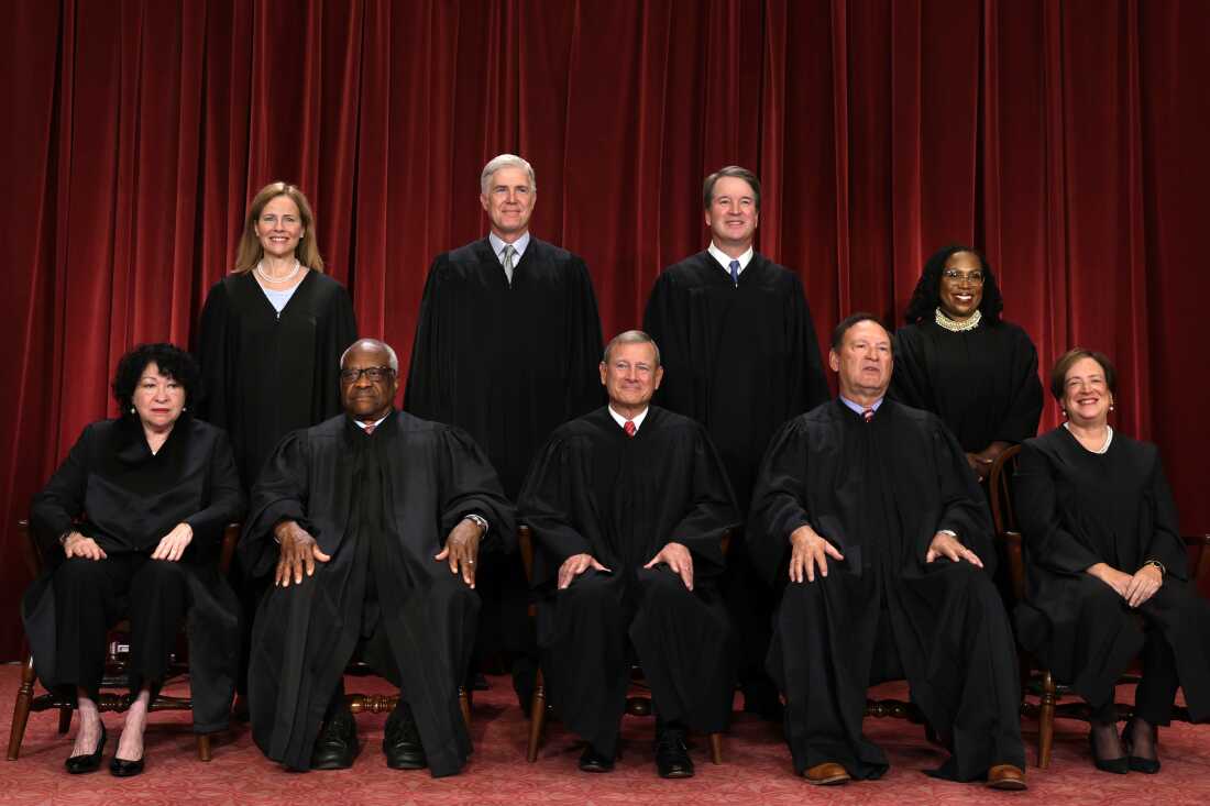 The justices of the U.S. Supreme Court, with Justice Sonia Sotomayor (seated left) and Justice Samuel Alito (seated second from right).