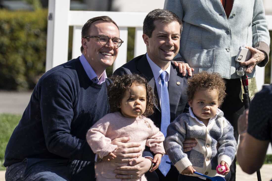 In this file photo from 2023, Pete Buttigieg (R), husband Chasten Buttigieg and their children Penelope and Gus attend the annual Easter Egg Roll on the South Lawn of the White House on April 10, 2023 in Washington, DC.