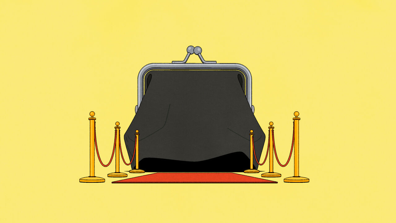 Illustration of a large coin purse at the end of a red carpet