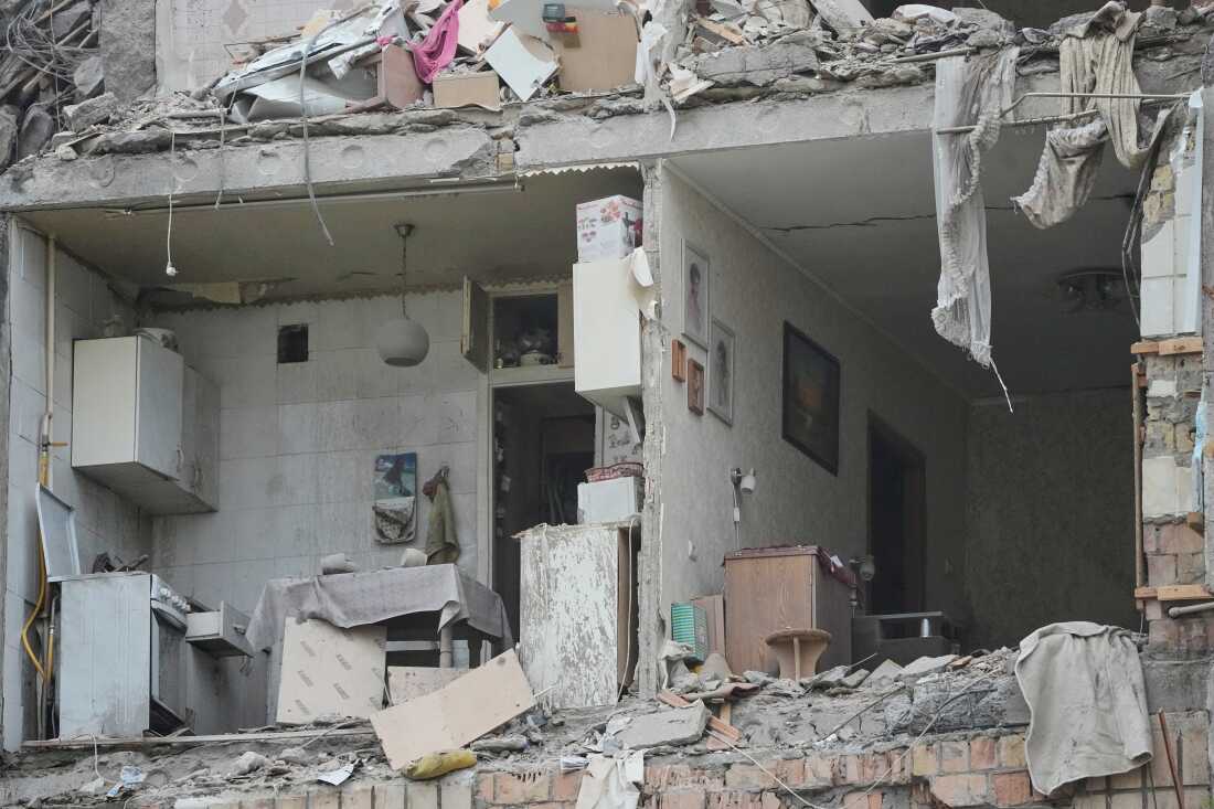 The damaged apartment interior in the ruined apartment building following Russia's missile attack in Kyiv, Ukraine, Monday.