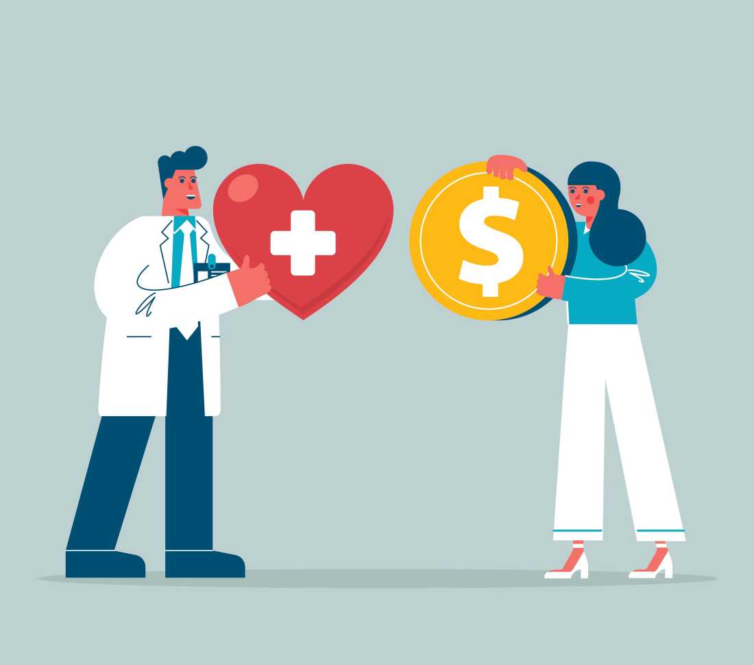 An illustration shows a person in a white coat holding a heart symbol and another person holding a coin symbol.