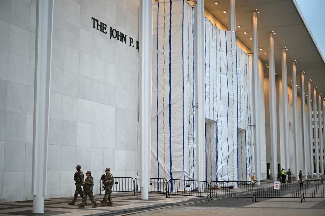 The Kennedy Center on June 28, with its facade signage still covered by a tarp and scaffolding.