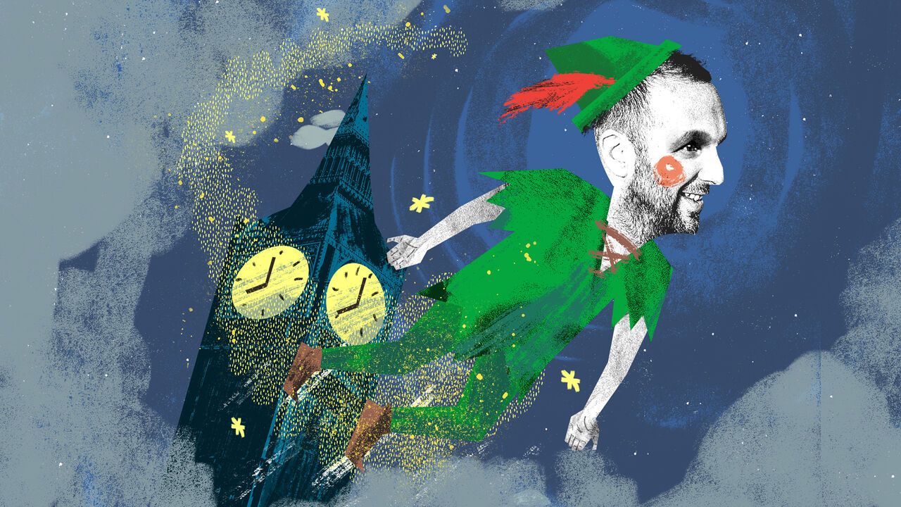 Illustration of Zack Polanski as Peter Pan flying past Big Ben